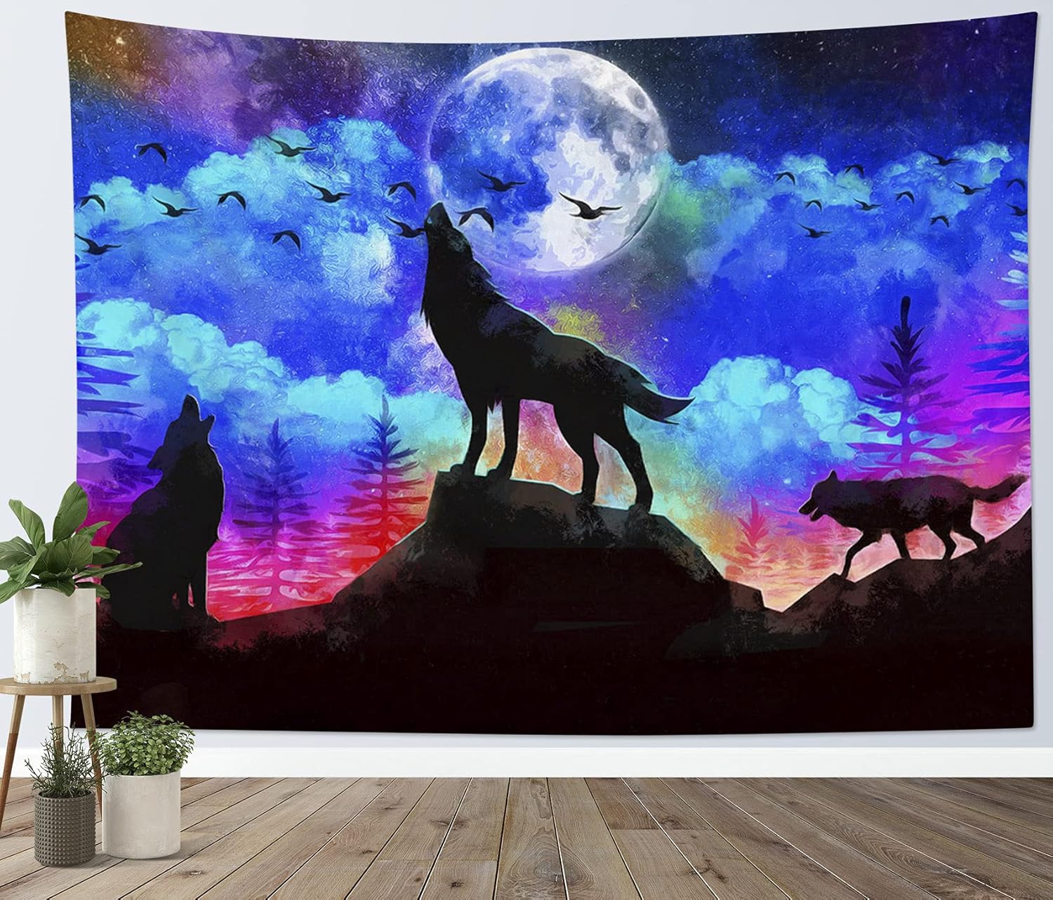 Tapestries - HVEST Wolf Tapestry Full Moon in Sky, Purple Trippy Tapestries Wall Hanging Wild Animal Wolves Wall Tapestry for Kids Bedroom Living Room Dorm Party Wall Decor, 60x40 Inches