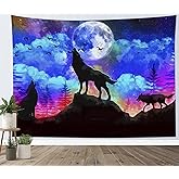HVEST Wolf Tapestry Full Moon in Sky, Purple Trippy Tapestries Wall Hanging Wild Animal Wolves Wall Tapestry for Kids Bedroom Living Room Dorm Party Wall Decor, 60x40 Inches