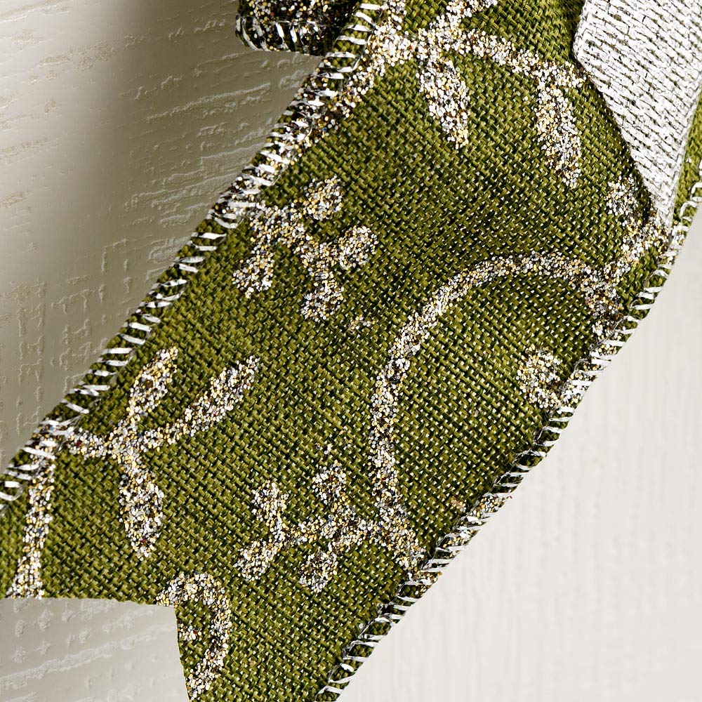 Italian Options Silver Lurex Scroll Green Wired Ribbon, Christmas Hessian Ribbon for Crafts, Gift Wrapping Accessories, Wreaths, Tree Decorations, Burlap Fabric, Green, 38 mm x 10 Metre Roll