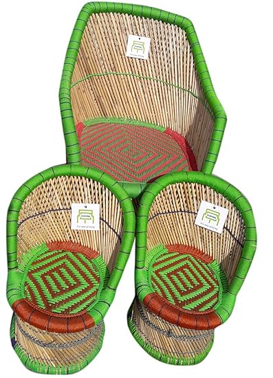 Ecowoodies Rosa Cane/Wooden Breakfast Kitchen Living Room Indoor/Outdoor Balcony Terrace Garden Lawn Cafeteria Restaurant Bar Sitting Kids Chair Furniture Set for Garden Chair (Green+Red)