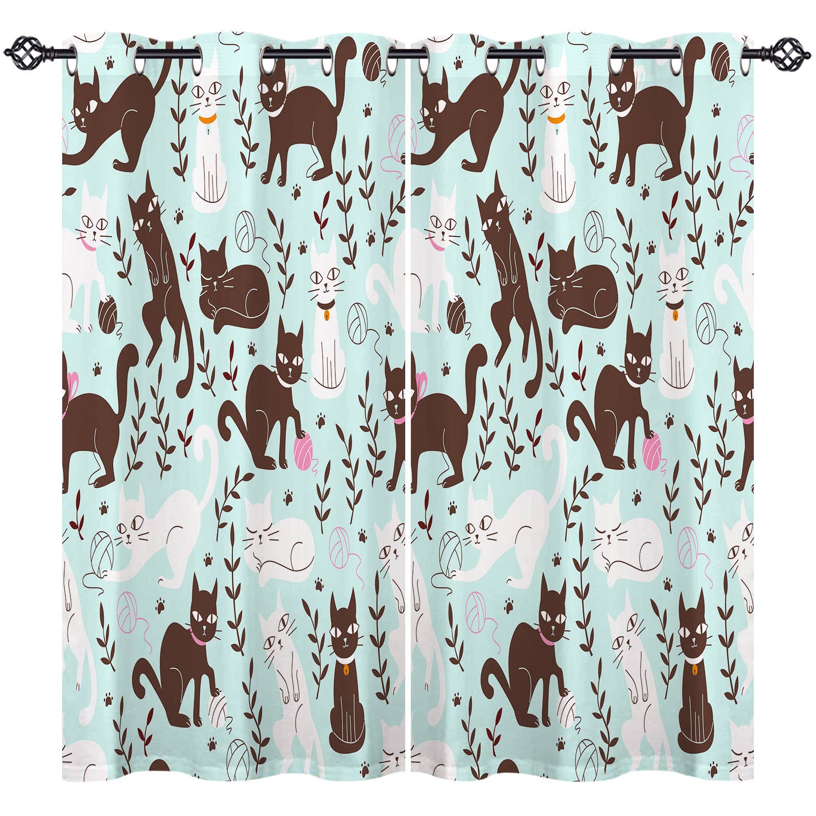 ANHOPE Cat Curtains Eyelet Soft Thermal Blackout Curtains Doodle Style Cute Cartoon Animal Cats Print Pattern Ring Top Soundproof Window Drapes for Kids Bedroom Living Room 46 x 54 Inch Drop 2 Panels