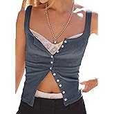 Neweek Women's Sleeveless Vest Button Front Tank Tops Ribbed Knit Square Neck Picot Trim Slim Fitted Y2K Shirts 2025
