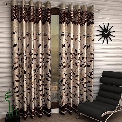 Home Sizzler Floral 2 Piece Eyelet Polyester Door Curtain Set - 7ft, Brown