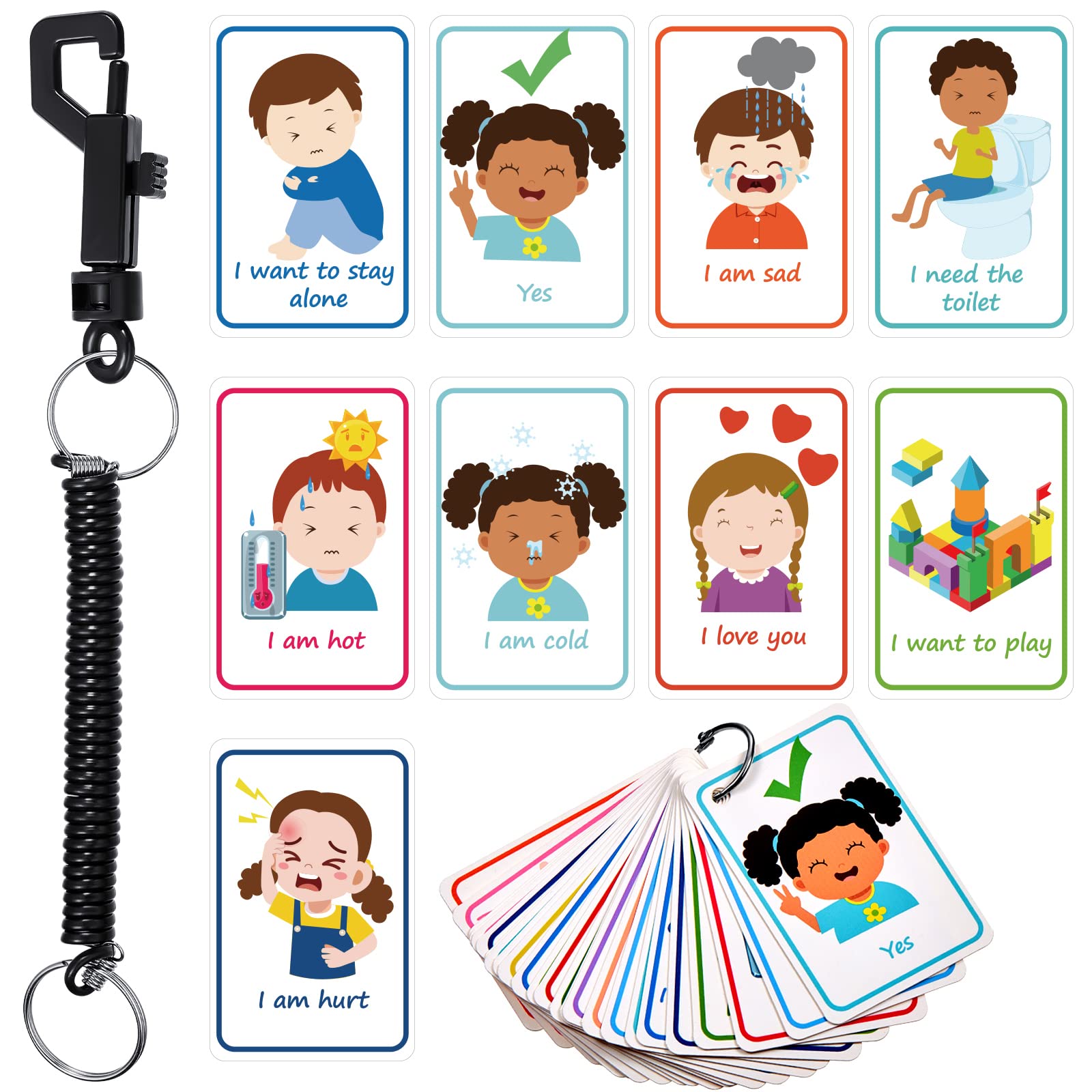Nezyo Needs My Communication Cards 26 Pieces Feelings and Emotions Flash Card for Kids Sensory Autism Visual Speech Flashcard with Spring Rope Lanyard for Men Women Teens Education Party Supplies