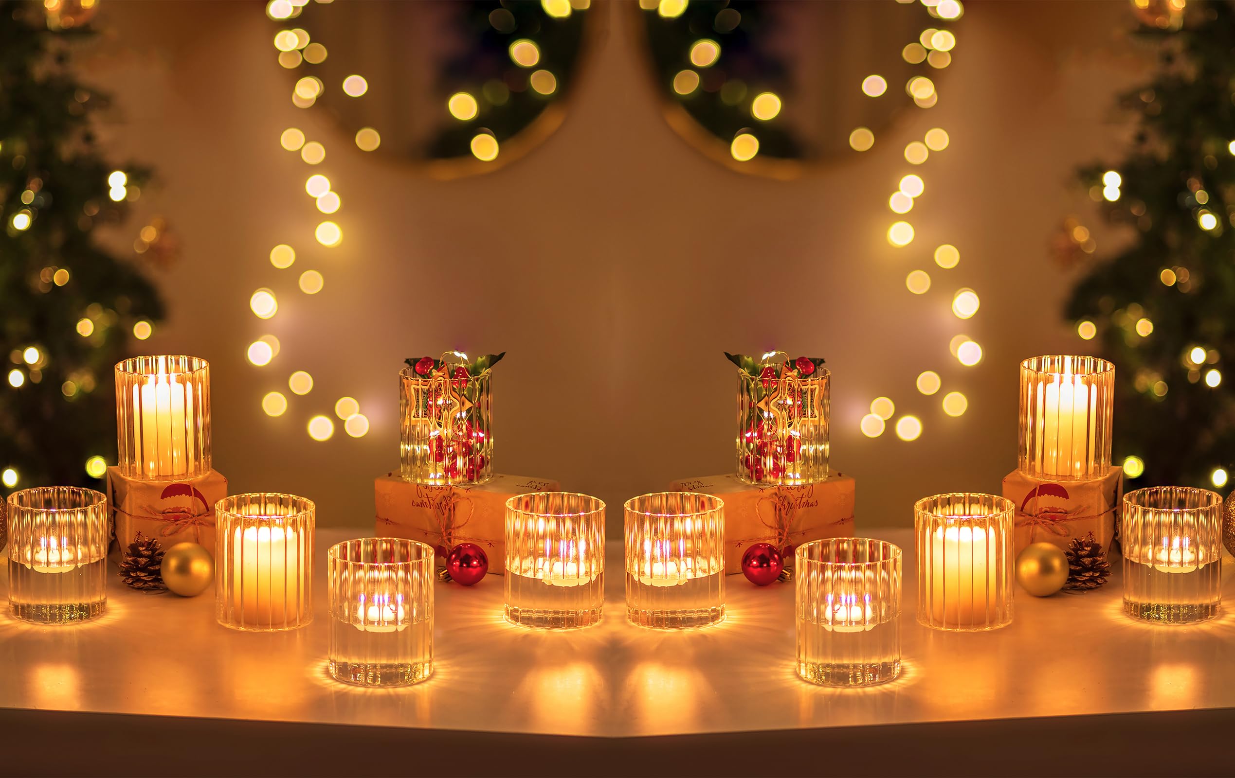Photo 1 of Hewory 24PCS Small Glass Hurricane Candle Holders Bulk - Short Clear Cylinder Vases for Centerpieces, Low Ribbed Vase for Wedding Reception Anniversary Baby Shower Events Party Home Table Decor