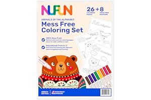 NuFun Activities Mess Free Coloring Set - Animals of The Alphabet, Kids Create No Mess Wonders with Special Coloring Paper, Gift for Toddlers and Kids, 26 Preprinted Pages and 8 Markers