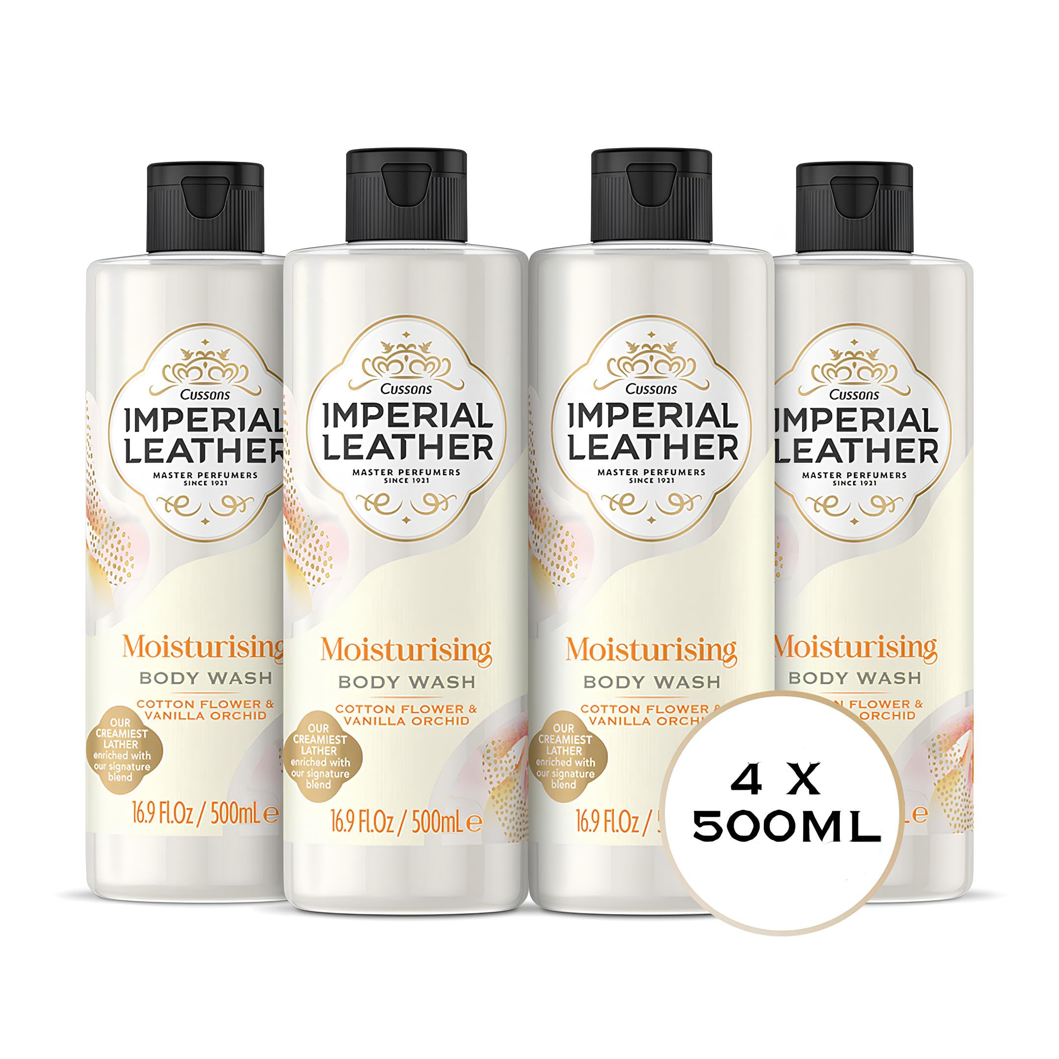 Imperial Leather Moisturising Shower Gel, Cotton Flower & Vanilla Orchid, Signature Oil Blend, Creamy Lather, Gentle Skin Care, Bulk Buy, Pack of 4 x 500ml