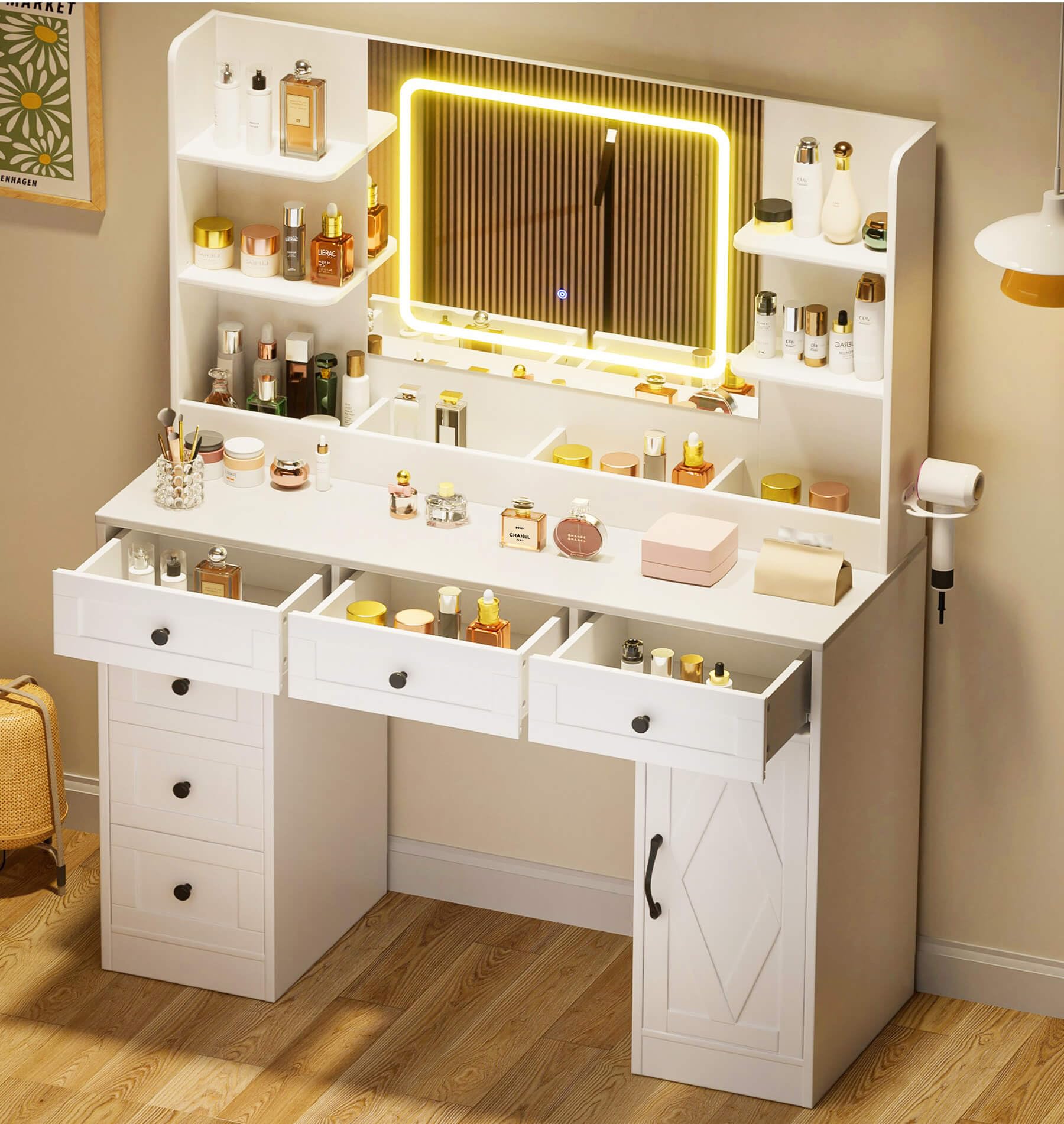 Photo 1 of *** Box 1 ONLY*** COMHOMA Makeup Vanity Desk with Mirror and Lights, Large Vanity Table with 6 Drawers & 1 Storage Cabinet, White Bedroom Dresser Table for Girls, 3 Color Modes Adjustable Mirror, White