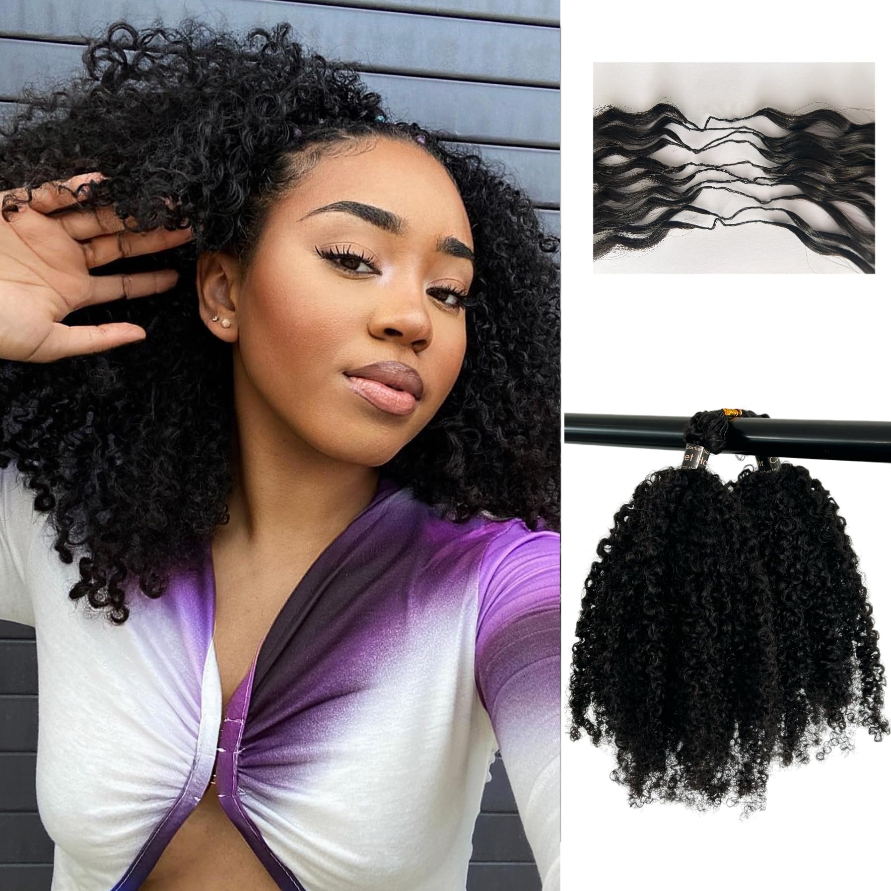 View 1 of **ONLY HALF A PACK**Afro Kinky Curly Knotless Pre-Separated Crochet Hair extensions Afro Twist Soft Braiding human hair extensions for Women Natural Color 20 Inch 120g