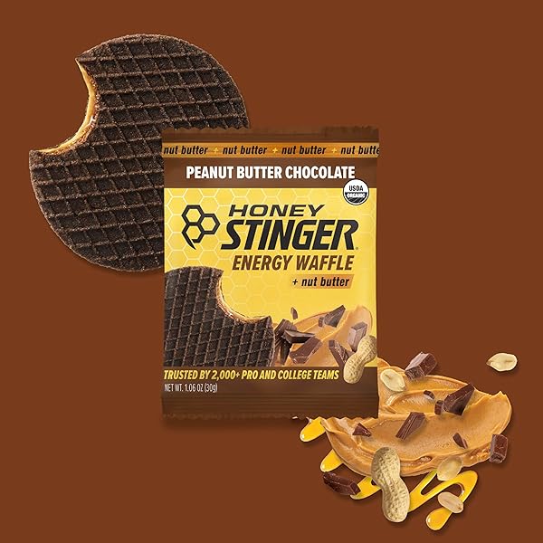 HONEY STINGER ORGANIC PEANUT BUTTER ENERGY WAFFLE VARIETY PACK OF 18, 6 PACK EACH OF PEANUT BUTTER, PB CHOCOLATE AND PB STRAWBERRY, NUTRITIOUS STROOPWAFEL SNACK FOR EXERCISE, ENDURANCE AND PERFORMANCE