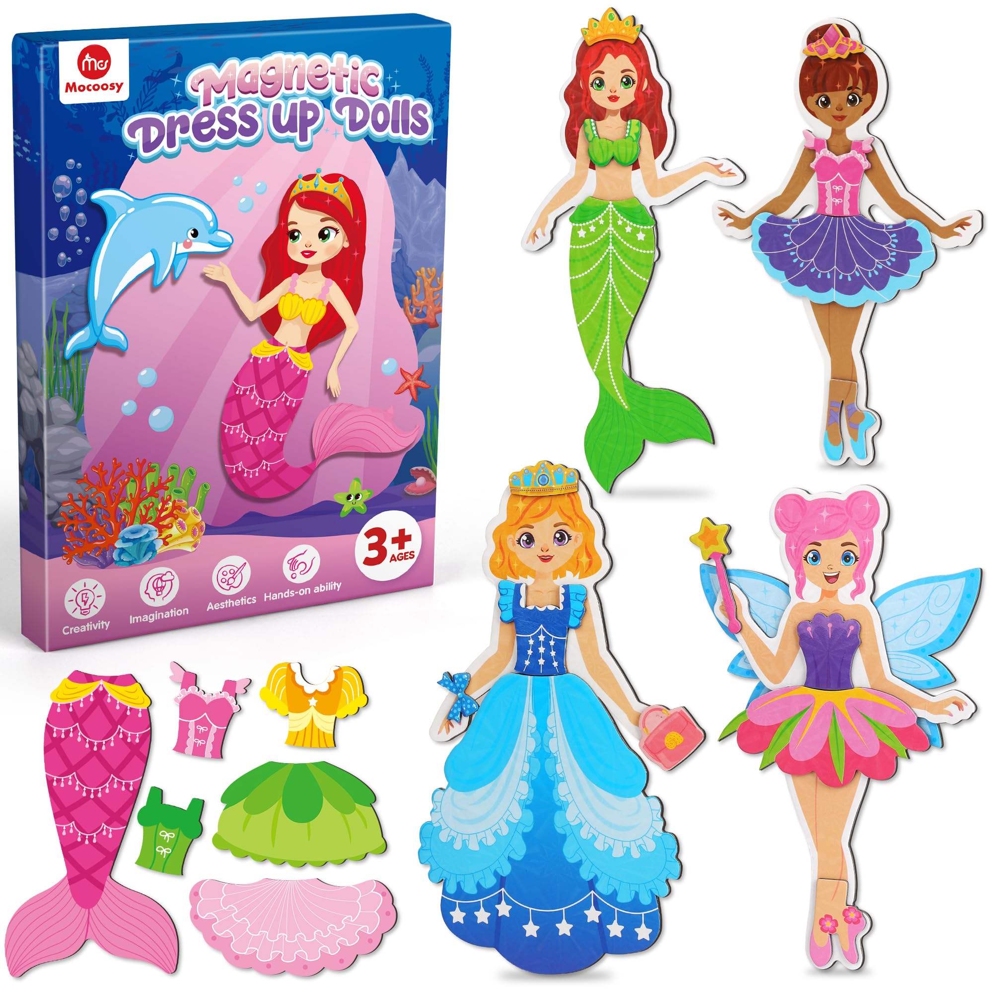 Mocoosy Magnetic Dress Up Dolls for Girls, Princess Mermaid Fairy Magnetic Dolls Dress Up Kit, Toy for 3 4 5 6 7 Year Girl Gifts Birthday Presents, Travel Activities Toys Easter Gifts Toddler Girl 3-8