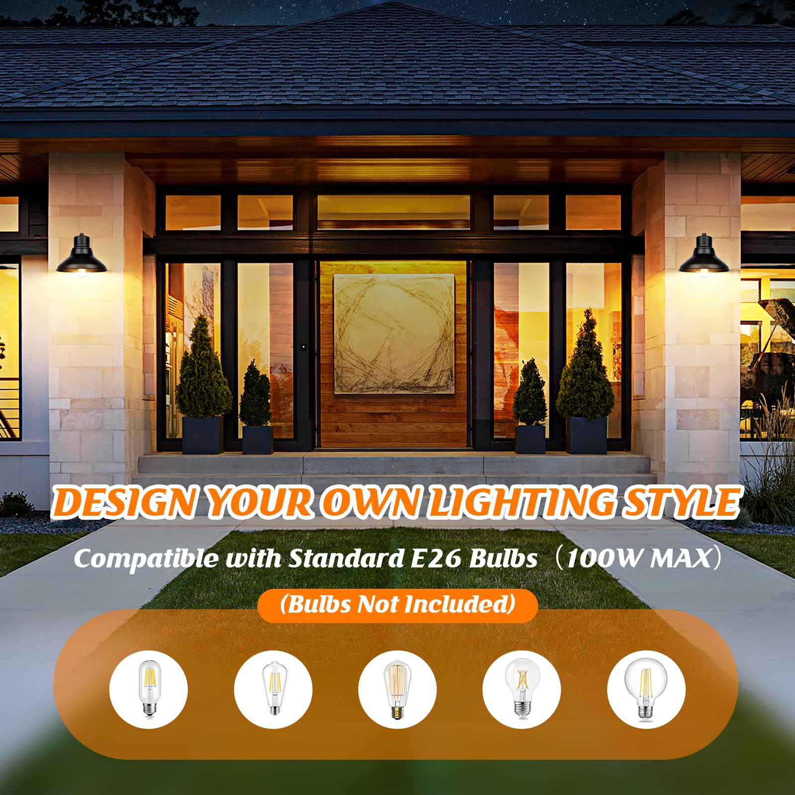 2-Pack Outdoor Light Fixtures Wall Mount, Matte Black Farmhouse Gooseneck Barn Light, Waterproof Exterior Wall Sconces, Industrial Porch Lights for House Garage Patio Entryway Front Door, E26 Socket