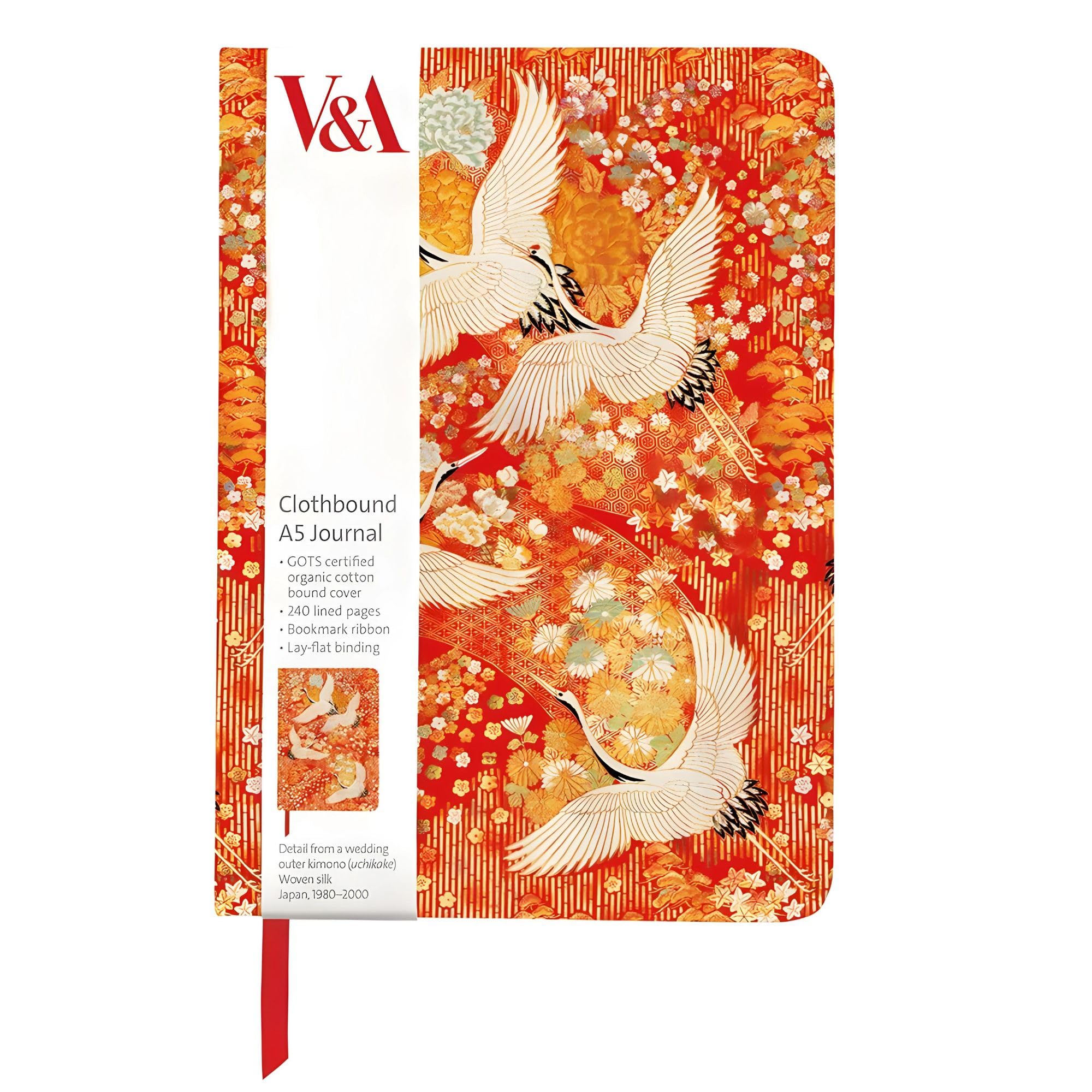 A5 Clothbound Journal - Lined Notebook - Kimono Cranes - Artistic V&A Japanese Design - 240 Pages - Bookmark Ribbon