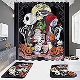 DDQTOUCH 4 PCS Nightmare Before Halloween Christmas Bathroom Sets with Shower Curtain and Rugs, Pumpkin-King Jack Skellington and Sally Shower Curtain Bathroom Decor Set with 12 Hooks (Jack-12)
