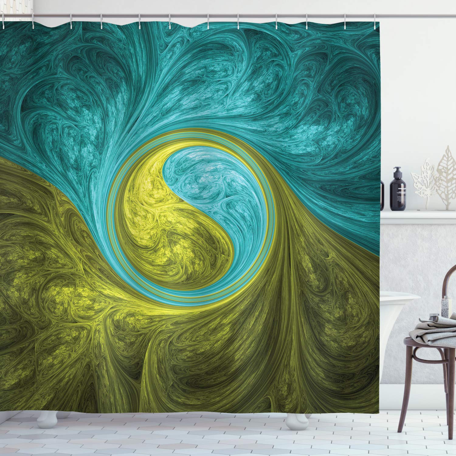 ABAKUHAUS Spires Shower Curtain, Eastern Spiral Psychedelic Design Sunny Side Motif, Cloth Fabric Bathroom Decor Set with Hooks, 94 Inches, Khaki Teal