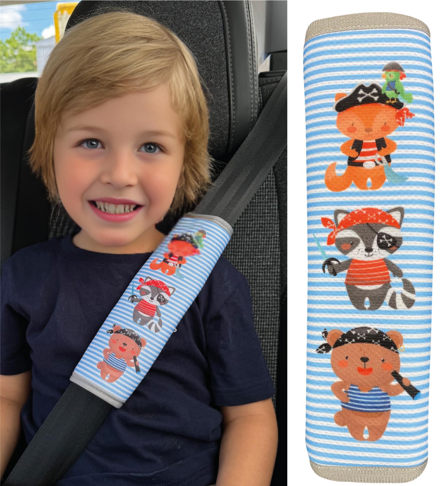 HECKBO 1x Kids Car Seat Belt Pads - Pirate Animals - Seat Belt Protectors for Babies and Booster Seats