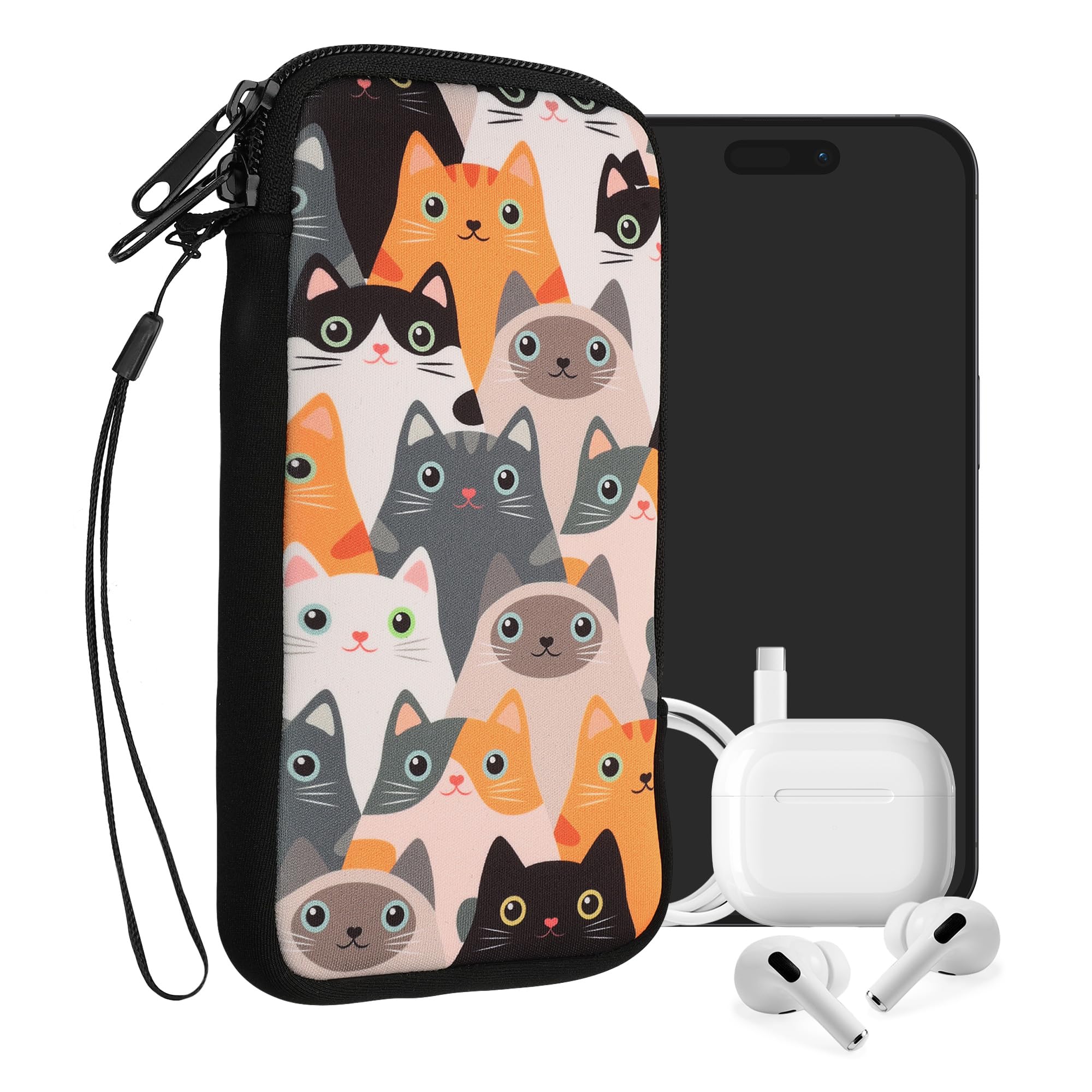 kwmobile Neoprene Sleeve for Smartphone Size XL - 6.7/6.8" - Shock Absorbing Pouch Case - Protective Phone Bag - Cats Orange/Black/White