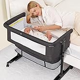 Baby Bassinet, 3 in 1 Bedside Bassinets for Baby, Bassinet Bedside Sleeper with Wheels, Adjustable Height with Rocking Mode, Breathable Mesh, Storage Basket, Easy Assemble & Folding (Dark Gray)