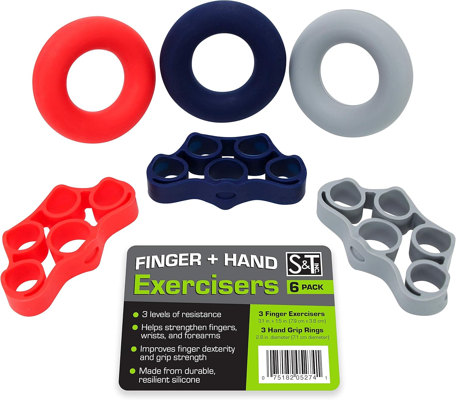 ST 527401 Finger Exercisers Hand Grip Rings, Fidget Stress Relief, Navy/Grey/Red, 6 Pack: Clothing