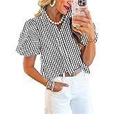 Disamer Womens Puffy Sleeves Tops Button Down Shirt Ruffle Shirt Short Striped Work Tops Trendy Babydoll Stand Collar Blouse