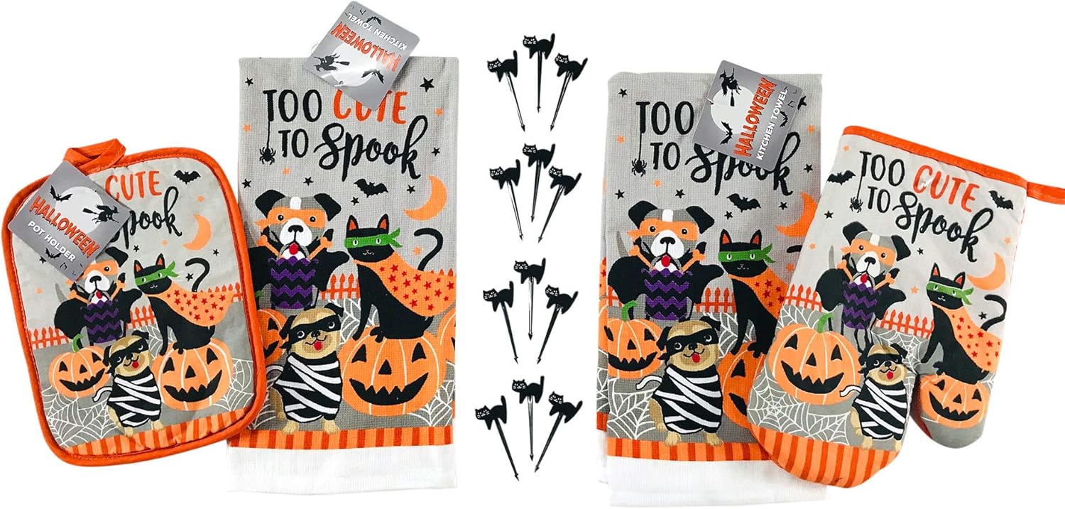 Halloween Kitchen Dish Towels and Pot Holders Set Dogs and