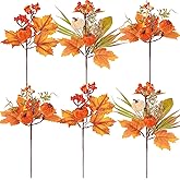 Lcuasc 6pcs Fall Floral Picks 11" Autumn Velvet Pumpkin Berry Picks Maple Leaves Stems Artificial Fall Flower for Harvest Halloween Thanksgiving Christmas DIY Table Centerpiece Farmhouse Home Decor