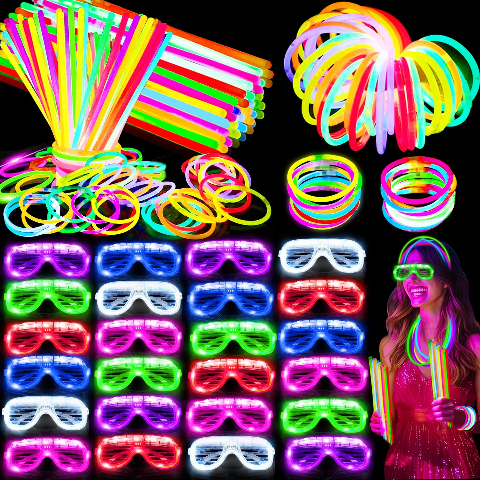 Photo 1 of 125 Pack Glow in the Dark Party Supplies with 100 Glow Sticks Bracelets and 25 Shutter Shades Flashing Glasses, LED Light Up Neon Pool Party Favors for Adult Birthday Wedding Carnival Halloween