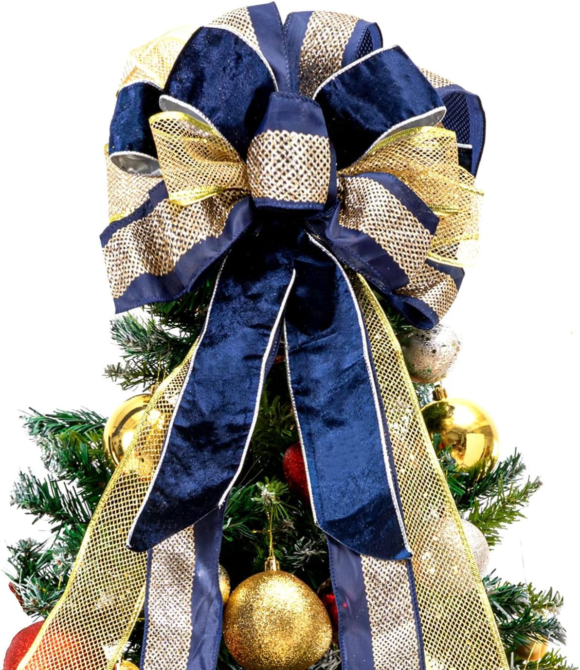 Tree Toppers - Christmas Tree Topper,Christmas Tree Bow Topper 33x13 Inches Large Toppers Gift Bow Tree Topper Bow Handmade Decoration for Wreaths Tree Toppers (Blue Gold)
