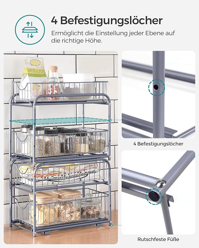 Rangement Sous Évier à 2 Niveaux en Acier, Tiroir Coulissant, Égouttoir à Vaisselle，Lot de 1, 36,9 x 21,6 x 27,2 cm, Gris, Collection Patalla KCS017E01