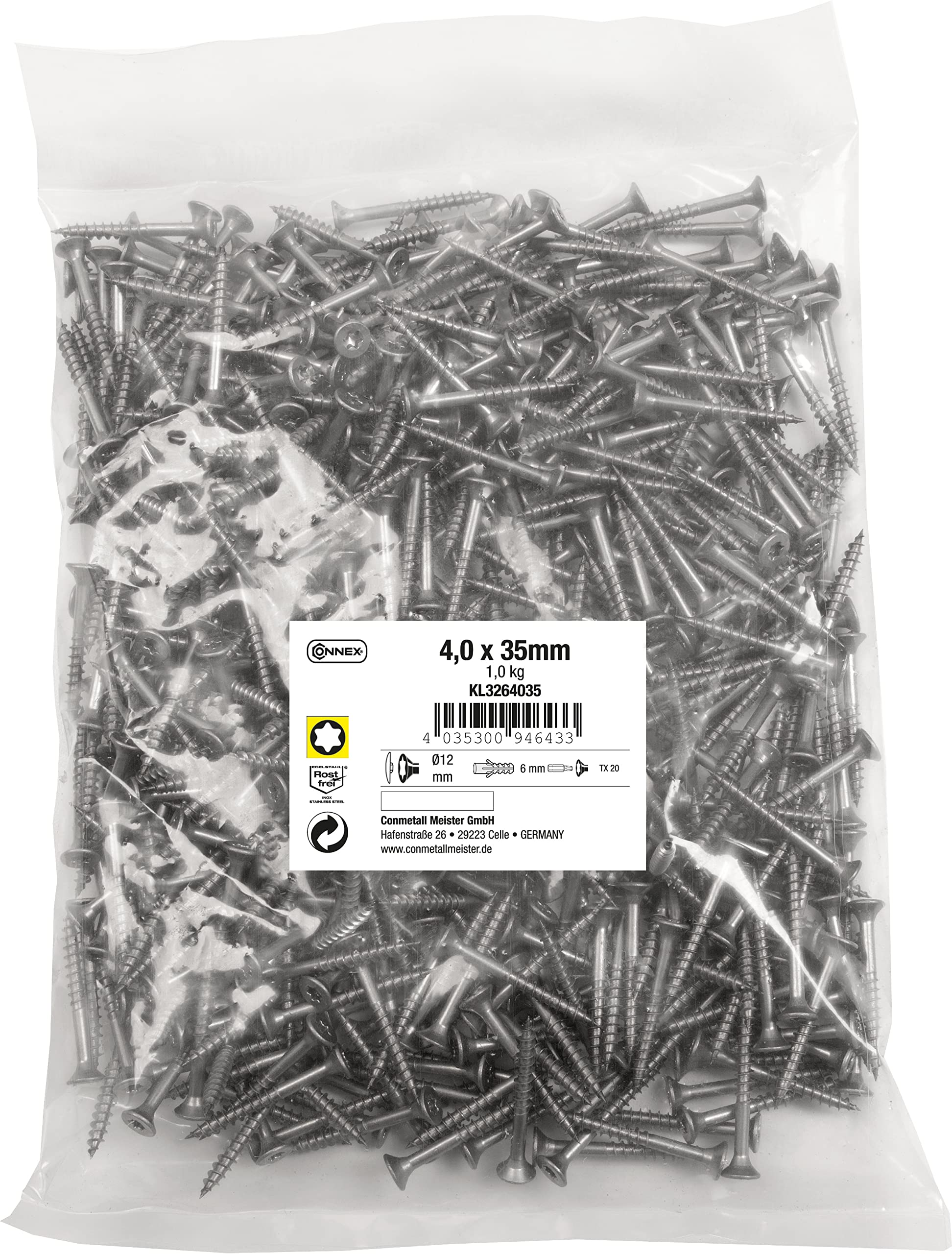 Connex KL3264035 Universal Screws 4.0 x 35 mm - 1 kg Bulk Pack - Countersunk Head - TX Drive - Partial Thread - Stainless Steel/Screw Set/Screws in Bag