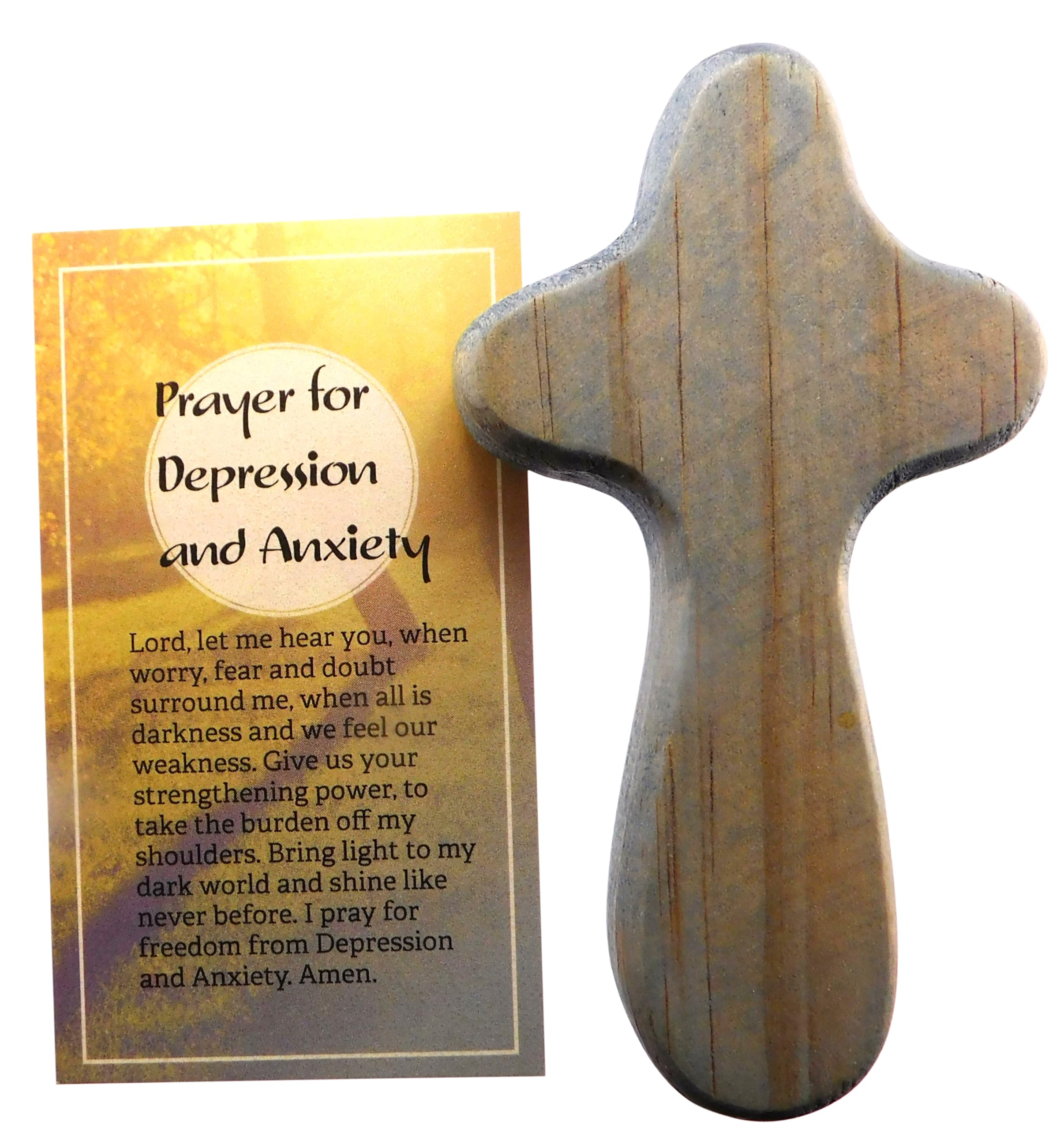 Westmon Works Wooden Hand Held Comfort Cross with a Prayer for Depression and Anxiety Holy Card