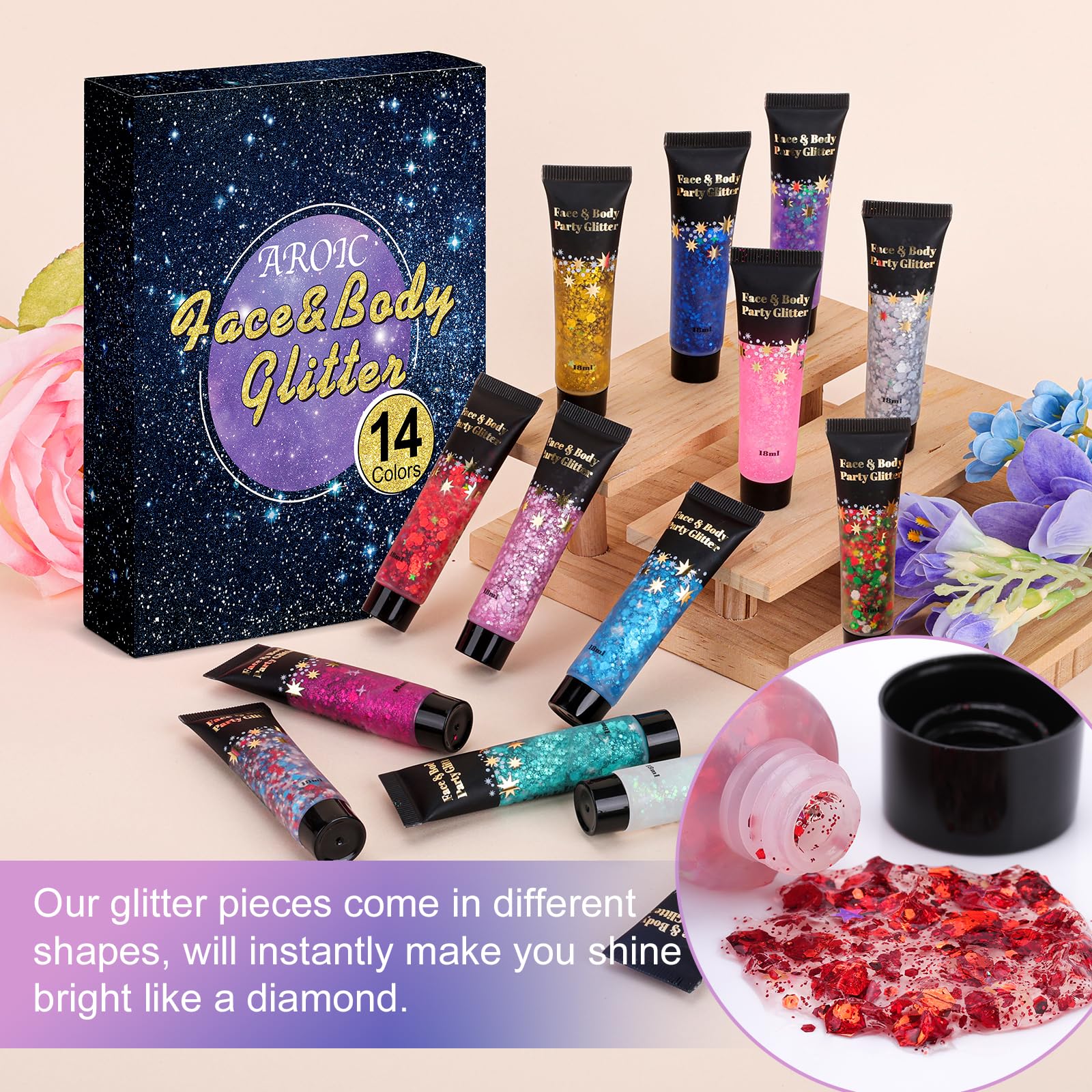 AROIC 14 Colors Body Glitter, Face & Hair Glitter Gel Set for Festival, Eye Shimmer for Women Glow in The Dark Rave Accessories Party Supplies, Face Paint Hair/Cheek/Eyelid Sparkle Makeup(18ml/Tube)