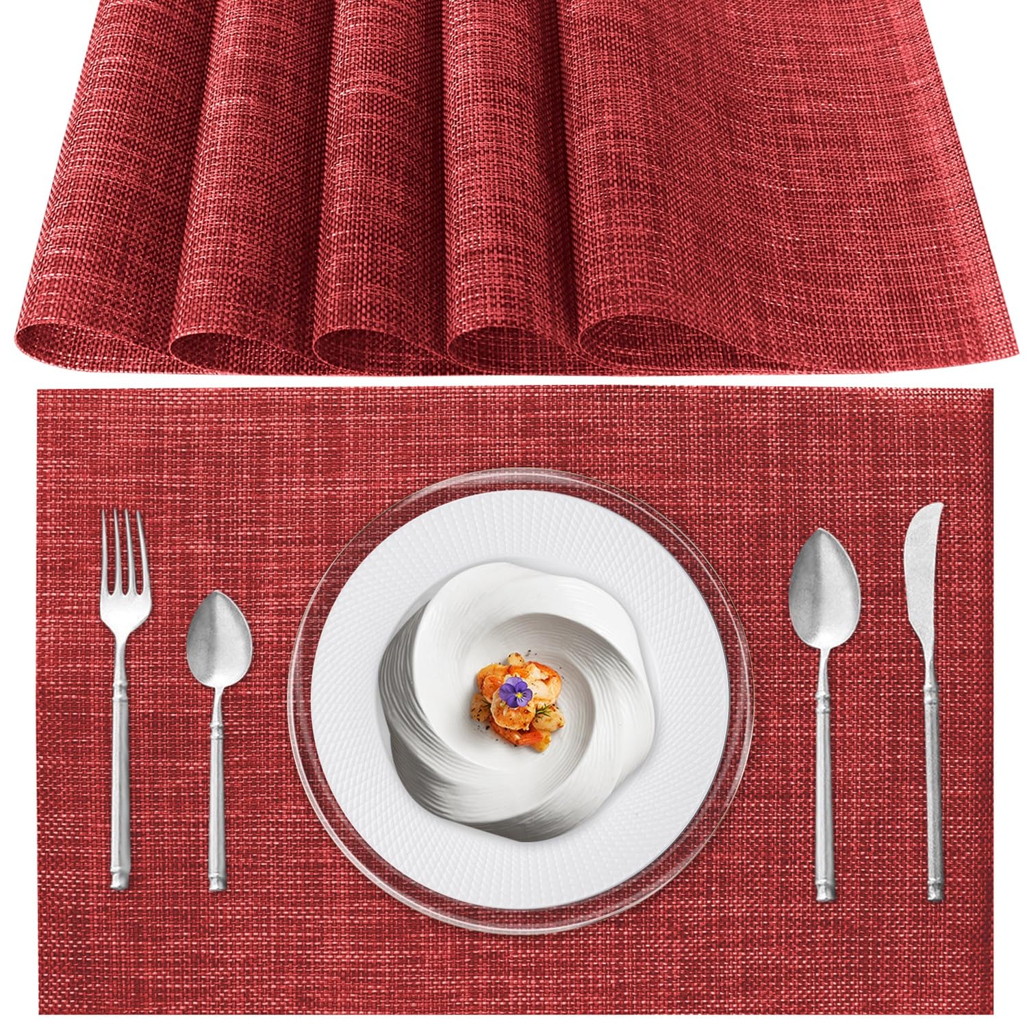 Poligono Washable Placemats, (70% PVC and 30% Polyester) Table Mats set of 6, Non-slip, Heat Resistant, Place Mats for the Kitchen Table, Red