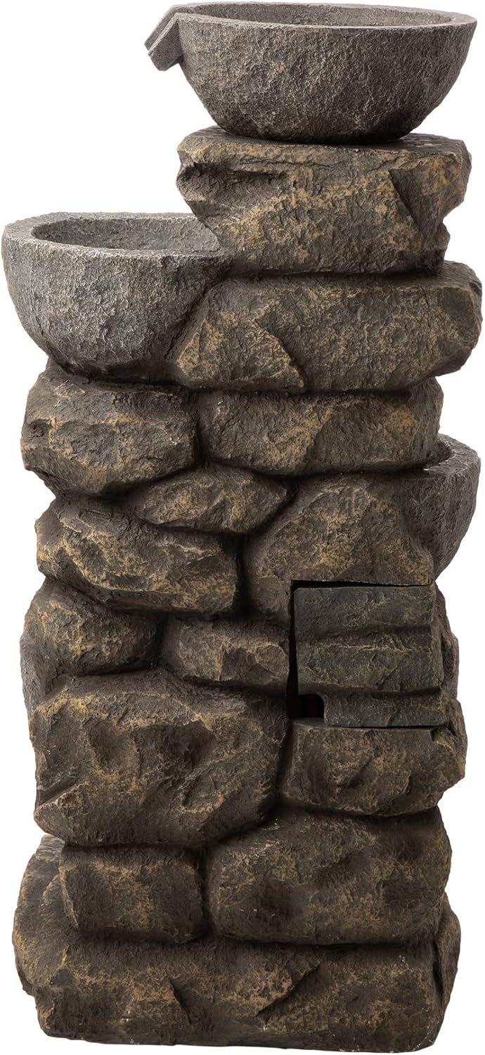 Glitzhome GH11246 Polyresin Stone 4-Tiered Bowls Fountain with LED Lights Outdoor Decorative Water Feature, 32.25" H, Gray : Garden & Outdoor