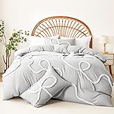Ubo&Heng'er Duvet Cover Queen Size,3 Pieces Gray Bow Duvet Cover Set, Ultra Soft Chic Textured Breathable Comforter Cover for All Season,Boho Bedding Set with Zipper 2 Pillow Shams (Queen,90"x90")