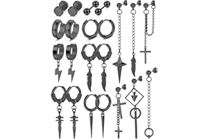 Fiasaso 22Pcs Dangle Earrings for Men Stainless Steel Hinged Hoop Earrings Long Chain Stud Cross Dangle Earrings Set Kpop Earrings for Mens