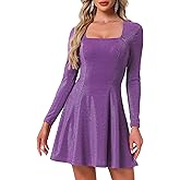 Allegra K Glitter Party Dress for Women Sparkling Square Neck Long Sleeve Cocktail Mini Dress A-Line Evening Clubwear