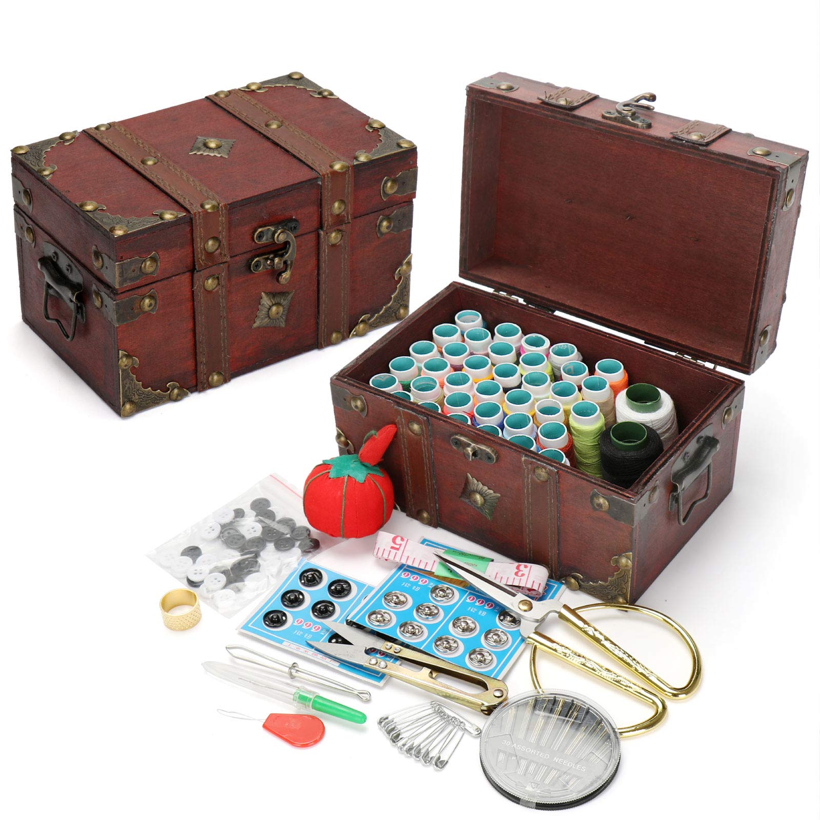 Wooden Sewing Basket,MKNZOME Over 110 Pcs Premium DIY Sewing Supplies Accessories Portable Mini Sewing Kit with Wooden Storage Box for Adults Kids Traveller DIY and Emergency Clothing Fixes