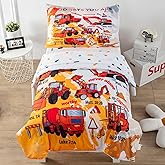 4 Piece Toddler Bedding Set for Boys,Cars Construction Toddler Bed Comforter Set Includes Comforter,Flat Sheet,Fitted Sheet and Pillowcase,Christan Trucks Tractors Bed in A Bag for Kids Bedroom
