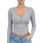 Curvphilo Women's Sweetheart Neck T Shirts Slim Fit Ribbed Henley Tee V-Neck with Buttons Trendy Crop Tops