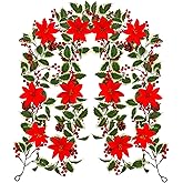 Valentines Day Decorations - 2Pcs 12.6Ft Artificial Holly Red Berry Poinsettia Garland with Pine Cones for Xmas Tree Fireplace Indoor Outdoor Home Decor