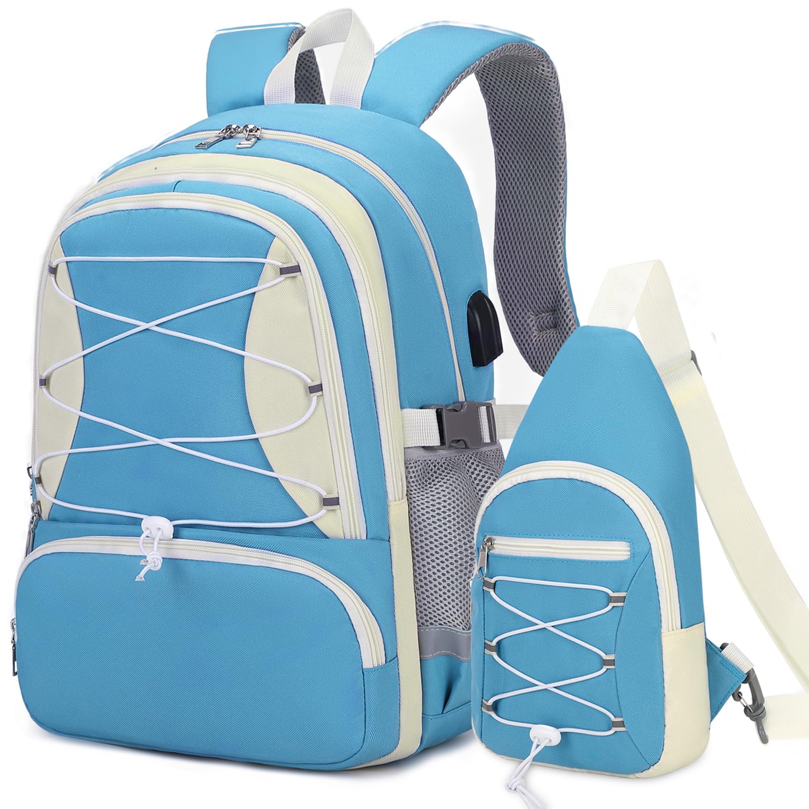 Photo 1 of Bevalsa Backpack for Boys, School Bags for Kids with Sling Bag, Bookbag for Boys Girls Children Teens Backpacks for Elementary Middle High school Student, Bookbag Set with USB Charging (Light Blue)