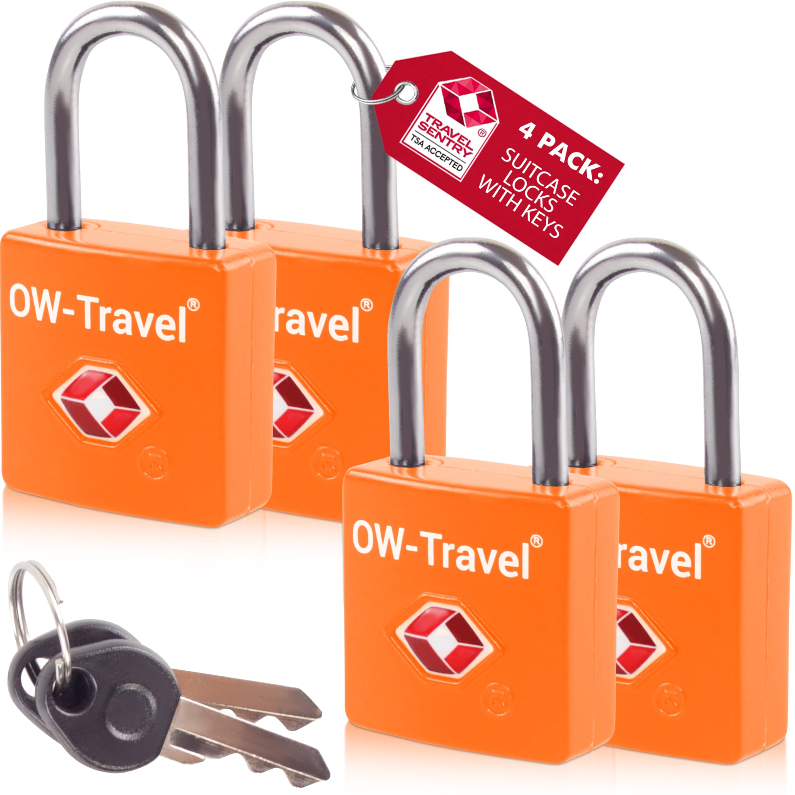 OW-Travel TSA Approved Luggage Locks Suitcase Locks with Keys (4 Pack Orange) Travel Padlock Bag Small Padlock. Luggage Padlocks for Suitcases. Mini TSA Suitcase Padlocks with Keys for Bags and Cases