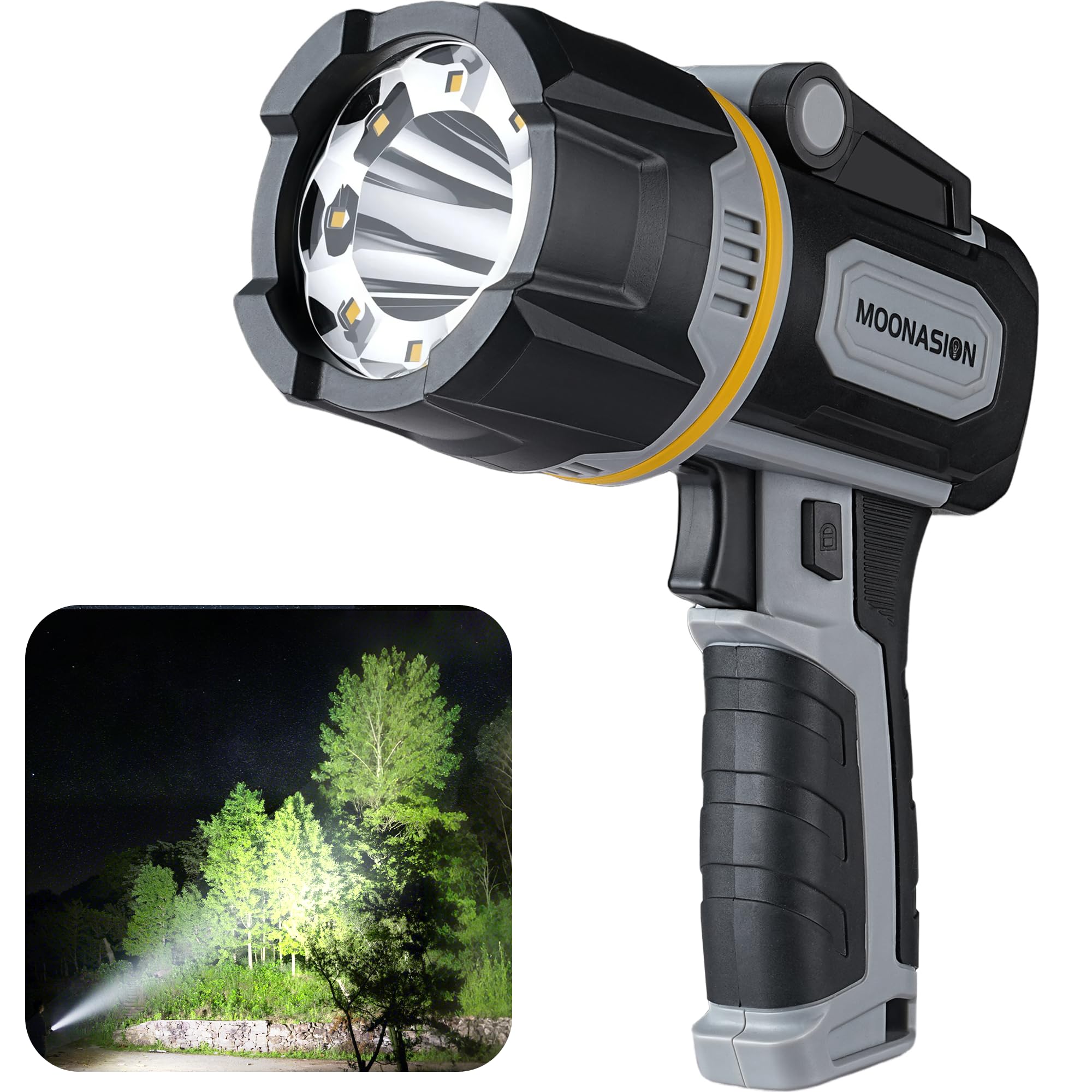 Photo 1 of MOONASION Rechargeable Spotlight 1000000 Lumen, Super Bright LED Spotlight Flashlight with COB Light & Foldable Stand, Long Lasting Large Handheld Spot Light for Boating Camping Boat Marine