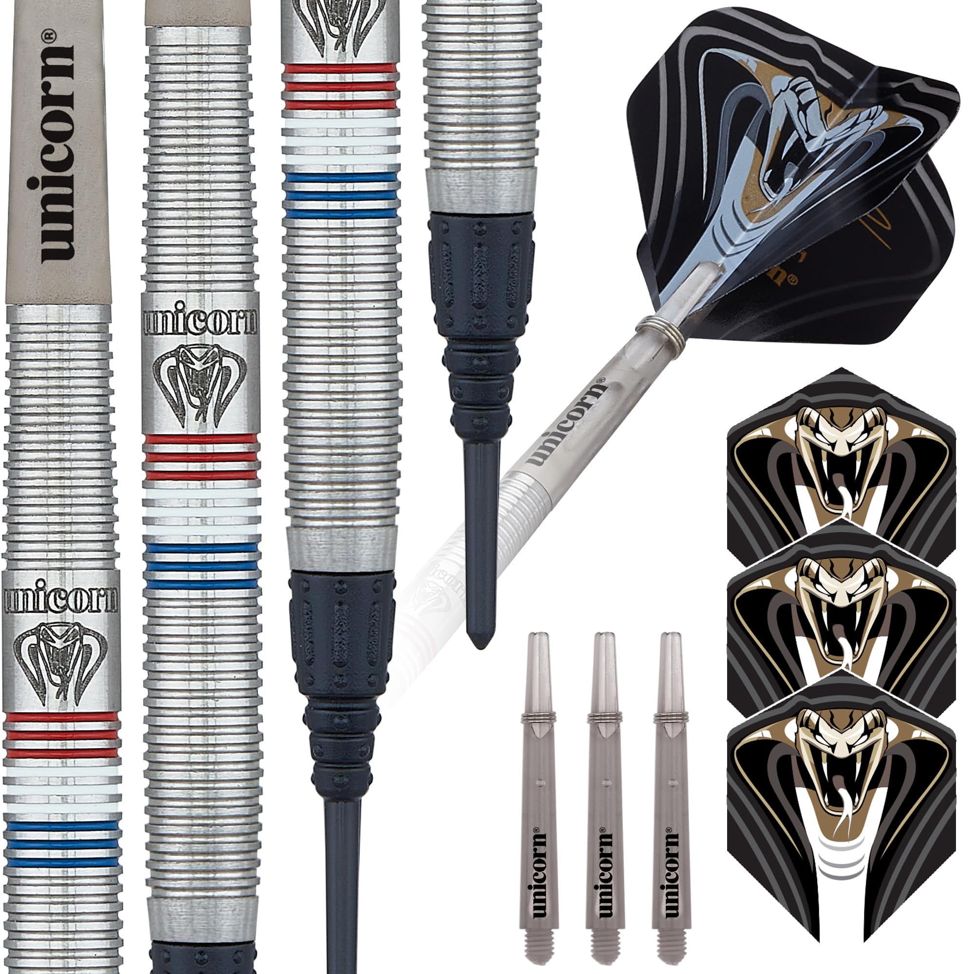 Unicorn Soft Tip Darts Set | Jeffrey 'The Black Cobra' de Zwaan Maestro Phase 2 | 90% Natural Tungsten Barrels with Red, White & Blue Accents | Epic Tips | 22 g