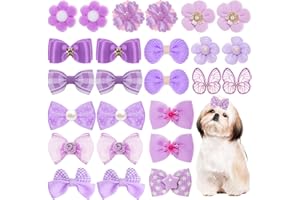 26Pcs Purple Small Dog Hair Bows Cute Puppy Dog Bowknot Hair Bow Bulk with Rubber Bands Elastic Lace Rhinestone Pearls Ties M