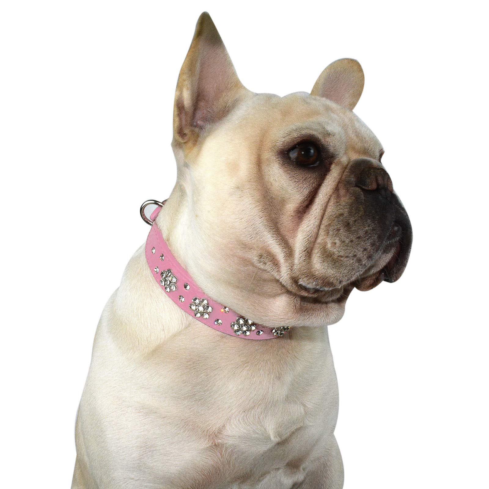 Hifrenchies Cute Rhinestone Flower Pattern Studded Dog Collars, PU Leather Bling Crystal Diamonds Collar for Frenchie Bulldog/Small Medium Dog Cat(S,PINK)