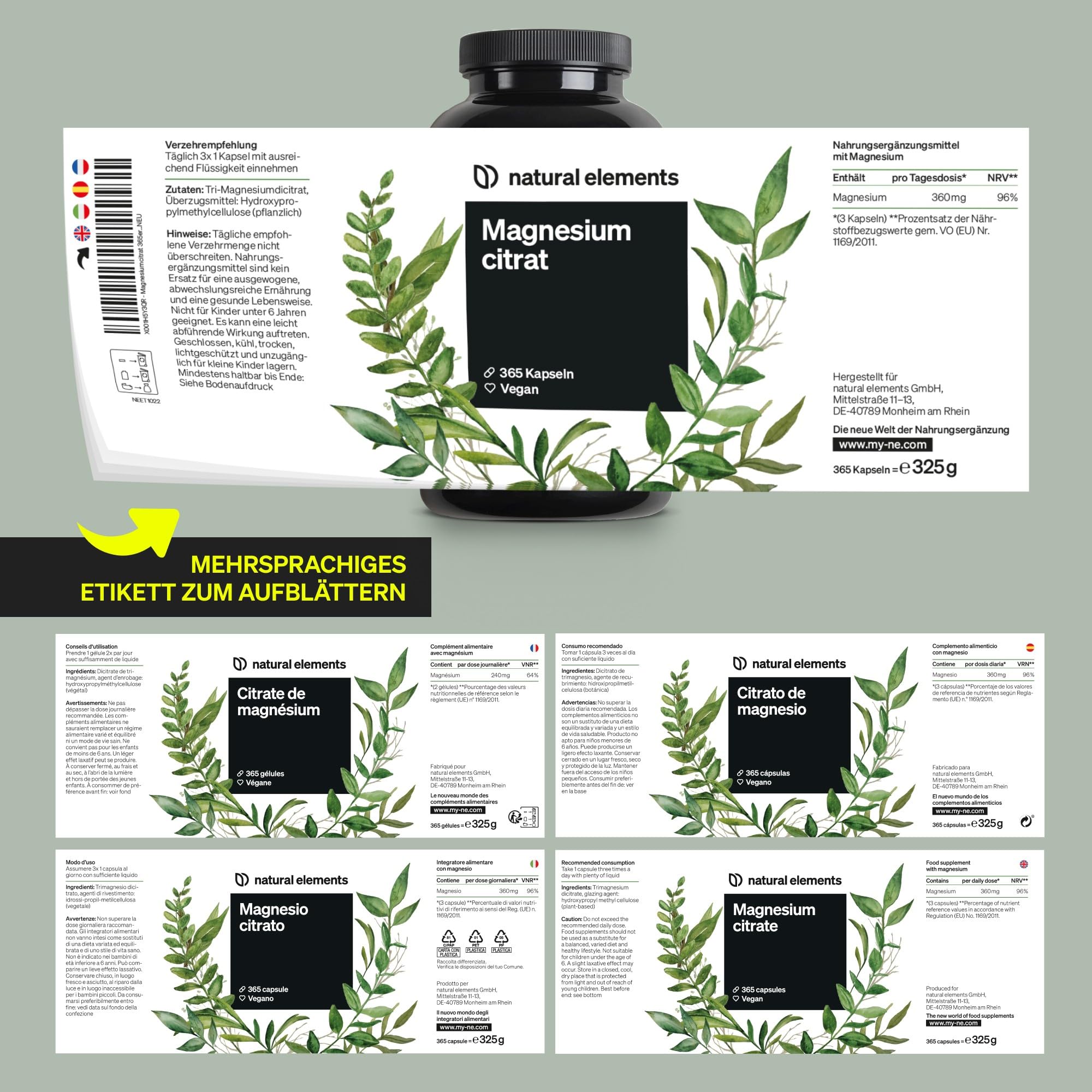 natural elements Magnesiumcitrat – 360mg elementares Magnesium pro Tagesdosis – 365 vegane Kapseln – 4-Monats-Vorrat – hochdosiert, ohne Zusätze – in Deutschland entwickelt & laborgeprüft 6