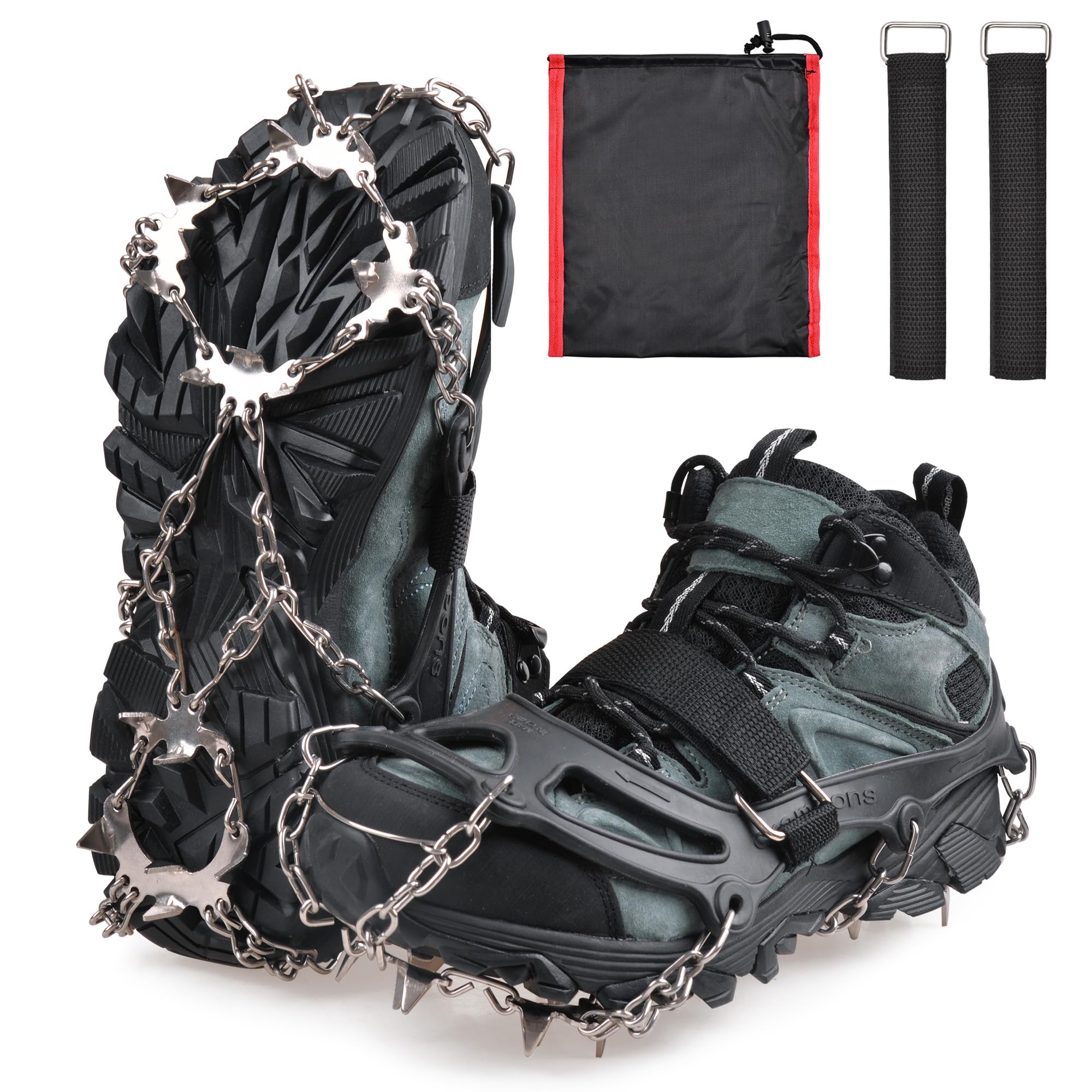 Crampons Ice Cleats Traction, Snow Grips Ice Grippers for Hiking Boots Anti-Slip 19 Stainless Steel Studs Traction Crampons Safe Protect for Winter Walking Running Climbing Fishing