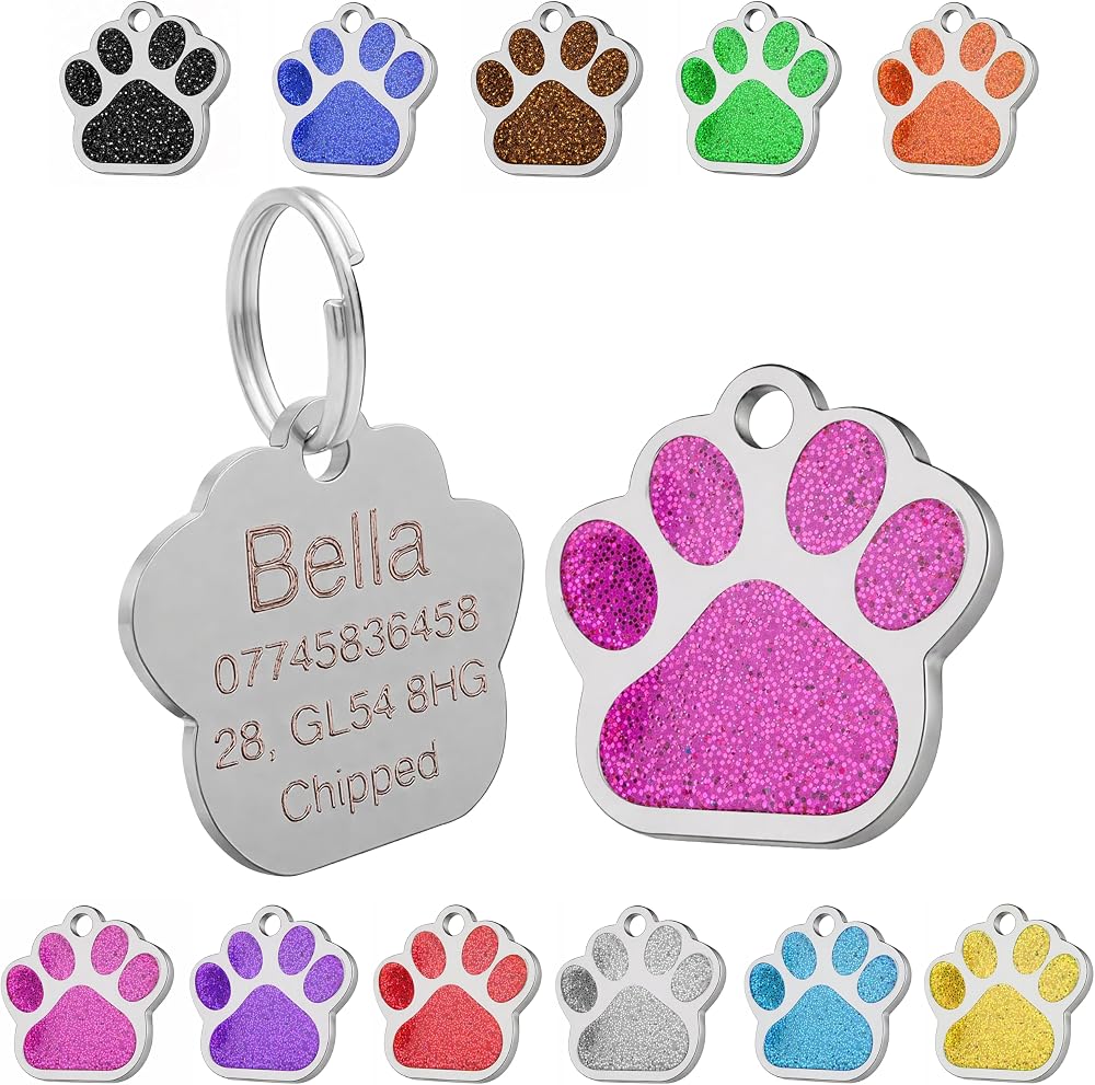 LARRYROO Personalised Engraved Dog Tag Cat Tag 27mm Glitter Paw Pink